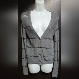 Loft Metallic Gray Striped V-Neck Button Cardigan